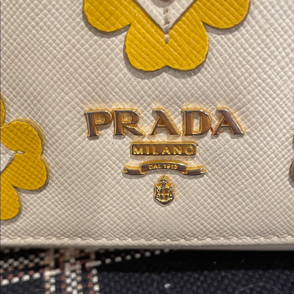 Prada Saffiano Leather Rare Wallet Flowers Cream Yellow As Is - Picture 2 of 16